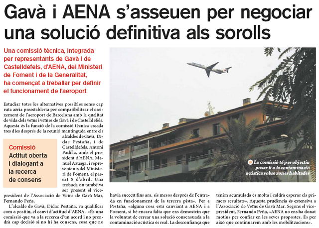 Noticia publicada en EL BRUGUERS (26 de Abril de 2004) sobre las negociaciones entre AENA, los Ayuntamientos y los vecinos de Gavà Mar y Castelldefels para negociar unas nuevas rutas en el aeropuerto del Prat